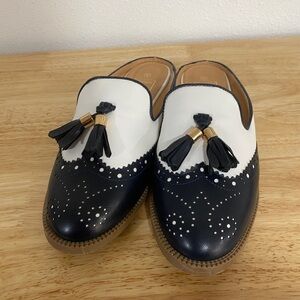 N Demand Retro Slide Flats Brocade Navy White Tassel 8 Vegan Faux Leather
